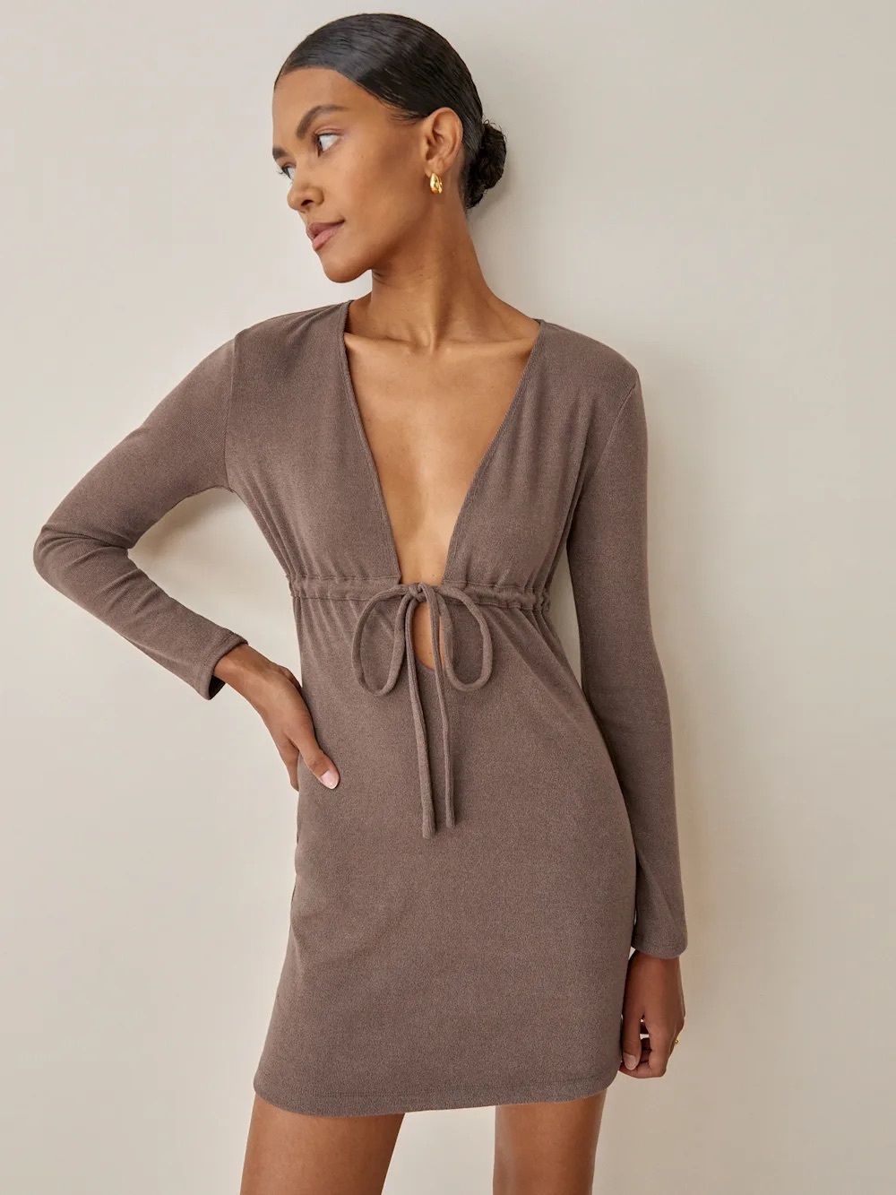 Reformation Brown Long Sleeve Deep V Karah Mini Pullover Dress Size XS